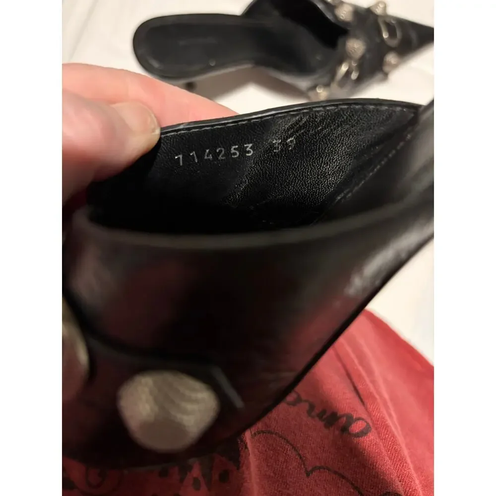 Balenciaga Point Toe Mules Black Leather Studded Size 39 / 9 Kitten Heel